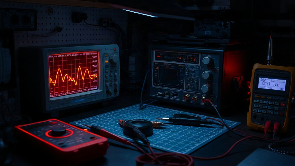 Glowing oscilloscope trace on an electronics workbench